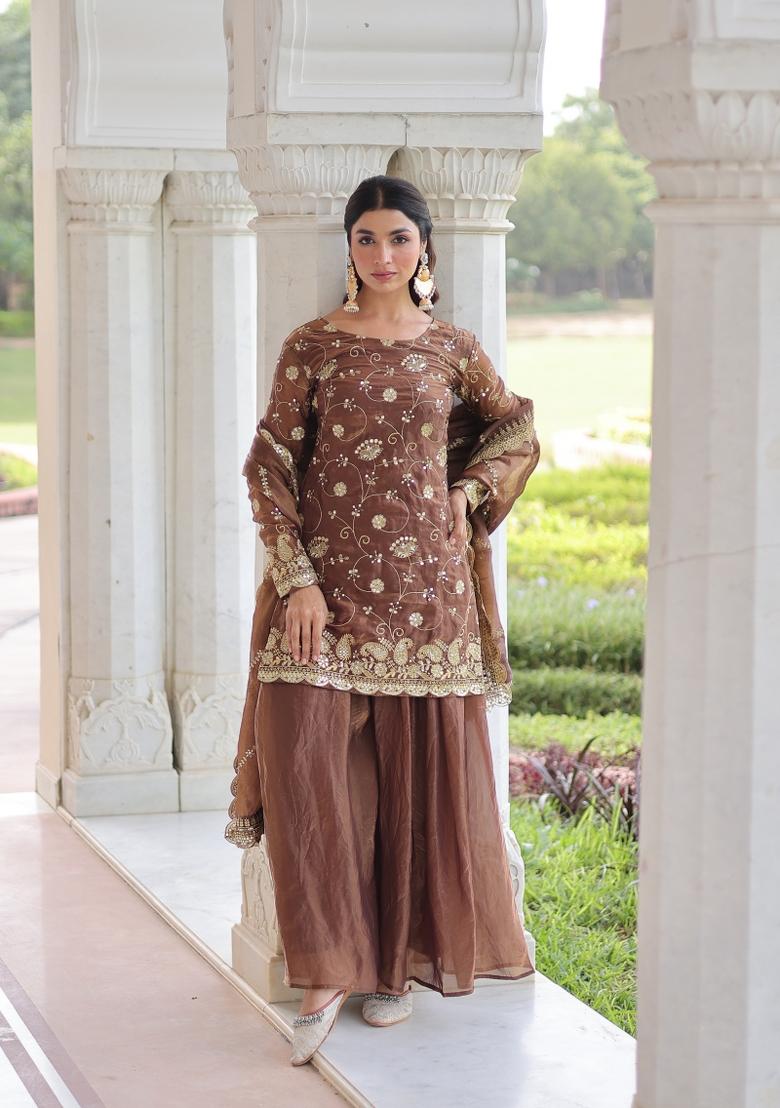 Coffee Sequin Work Fendi Anarkali Set - Indya
