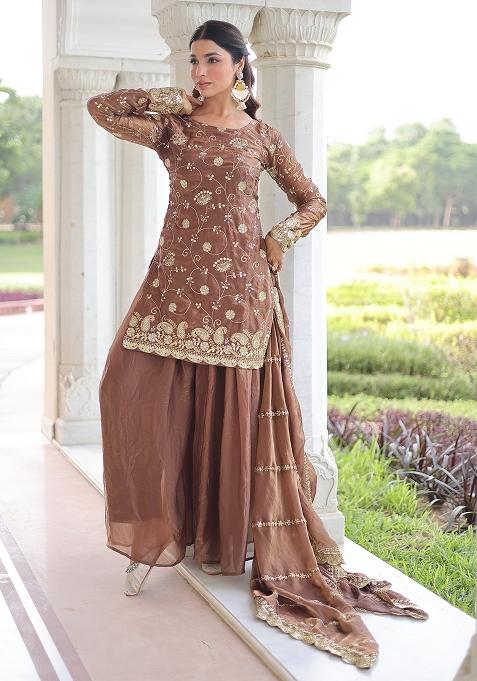 Coffee Sequin Work Fendi Anarkali Set