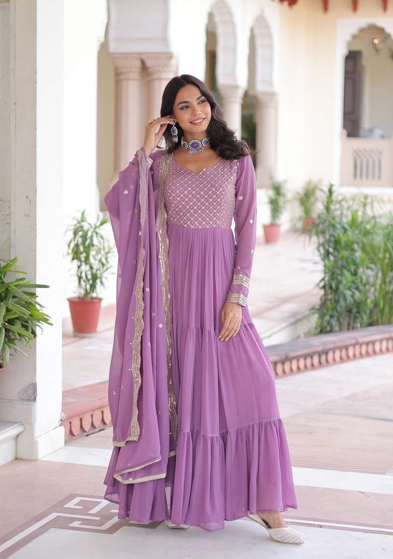 Purple Sequin Work Georgette Anarkali With Dupatta - Indya