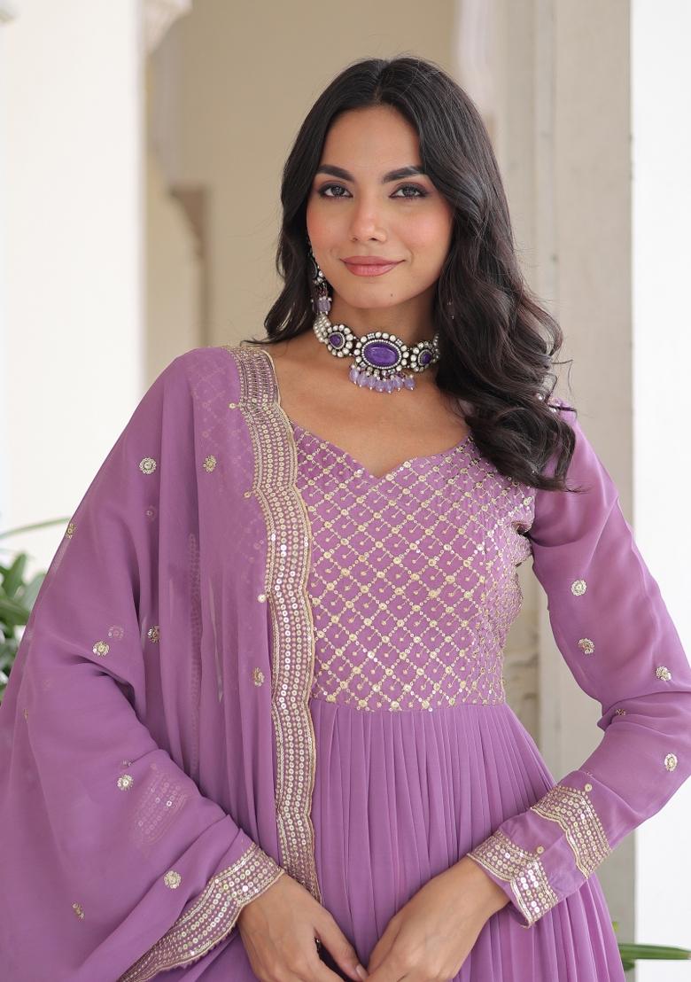 Purple Sequin Work Georgette Anarkali With Dupatta - Indya
