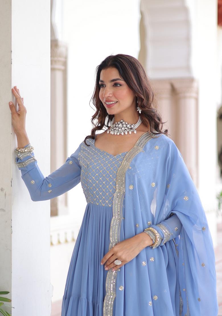 Sky Blue Sequin Work Georgette Anarkali With Dupatta - Indya