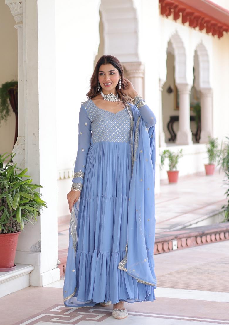 Sky Blue Sequin Work Georgette Anarkali With Dupatta - Indya