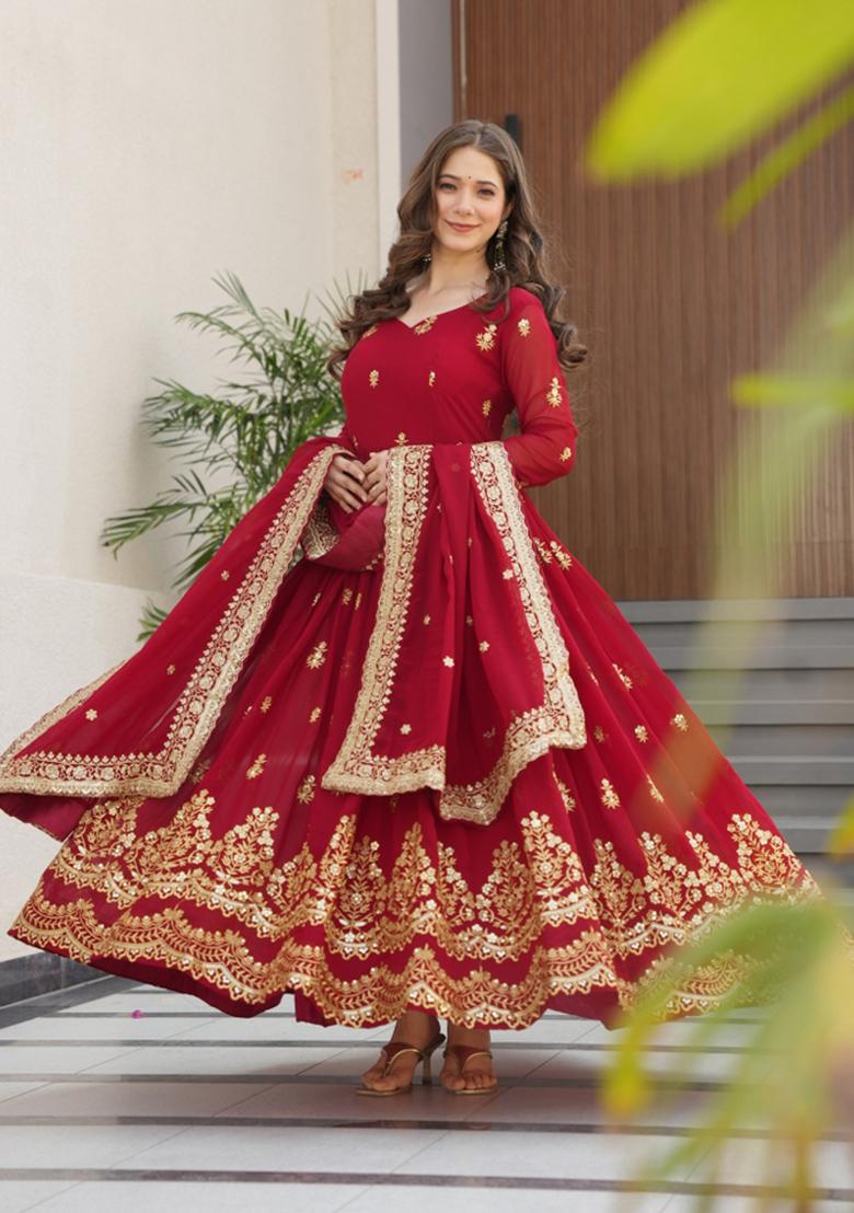 Maroon Sequin Work Faux Blooming Anarkali With Dupatta - Indya