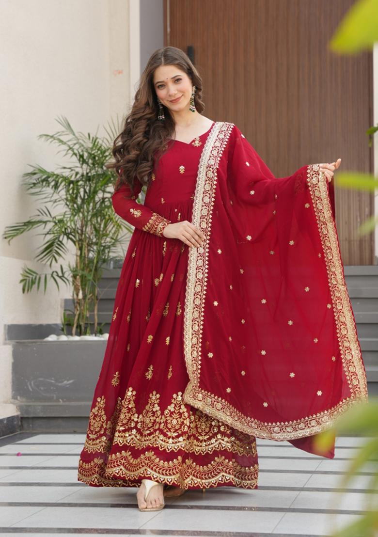 Maroon Sequin Work Faux Blooming Anarkali With Dupatta - Indya