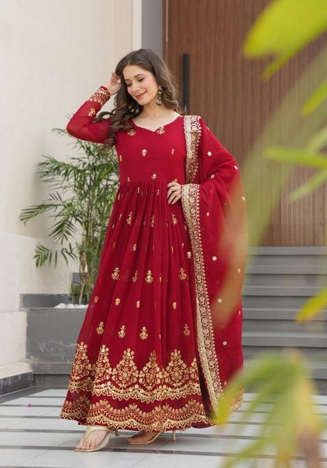 Maroon Sequin Work Faux Blooming Anarkali With Dupatta