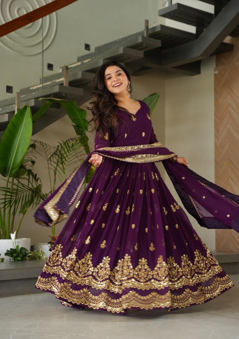 Purple Sequin Work Faux Blooming Anarkali With Dupatta - Indya