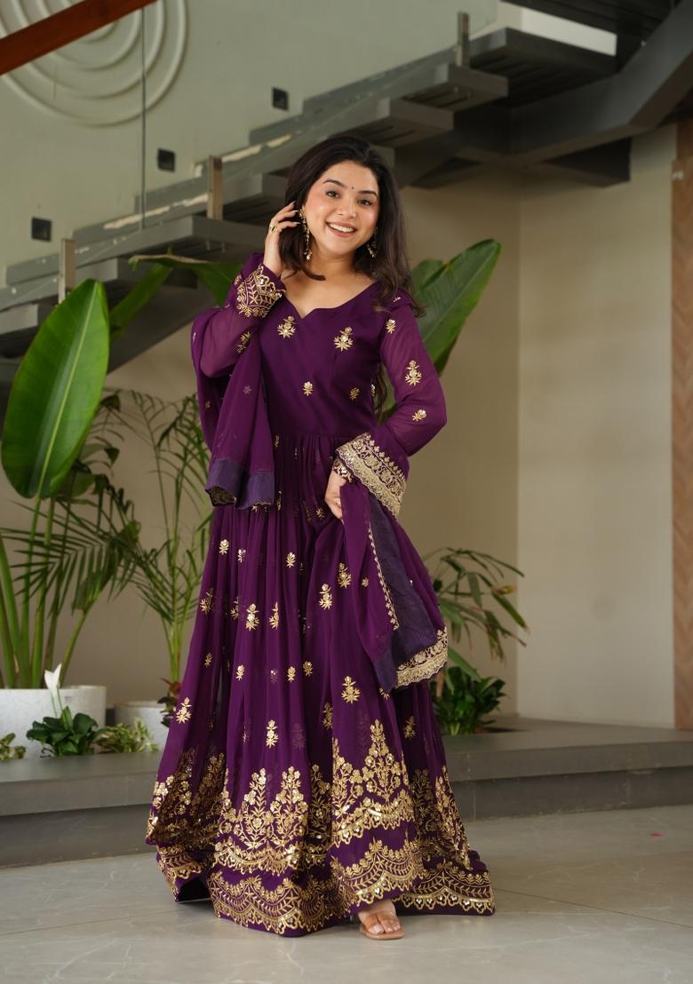 Purple Sequin Work Faux Blooming Anarkali With Dupatta - Indya