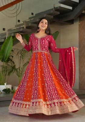 Pink Sequin Work Faux Blooming Anarkali With Dupatta