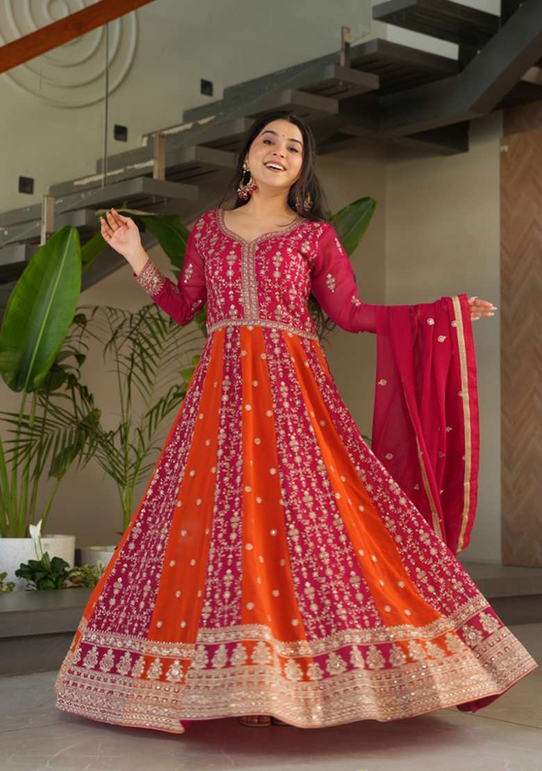 Pink Sequin Work Faux Blooming Anarkali With Dupatta - Indya