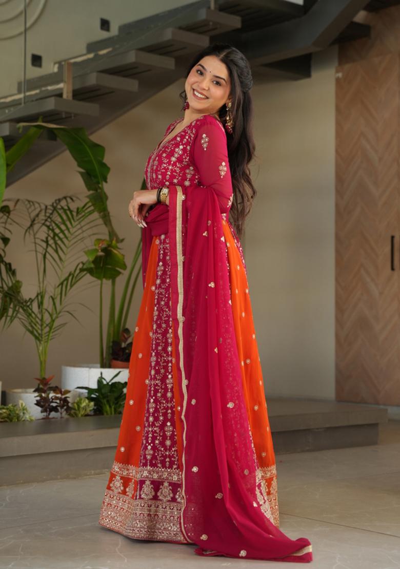 Pink Sequin Work Faux Blooming Anarkali With Dupatta - Indya