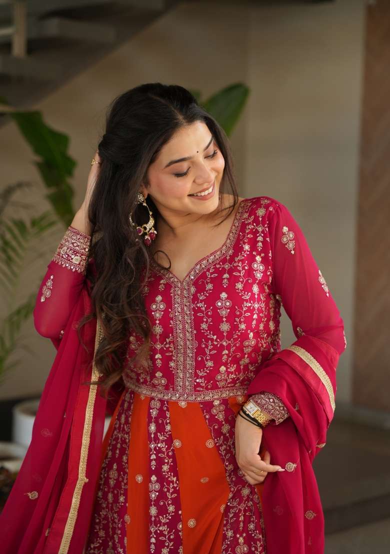 Pink Sequin Work Faux Blooming Anarkali With Dupatta - Indya
