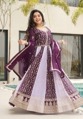 Wine Sequin Work Faux Blooming Anarkali With Dupatta