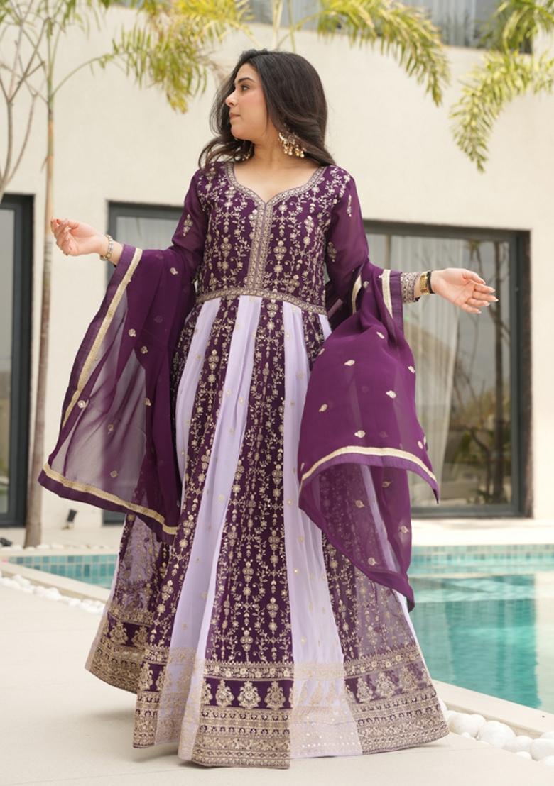 Wine Sequin Work Faux Blooming Anarkali With Dupatta - Indya