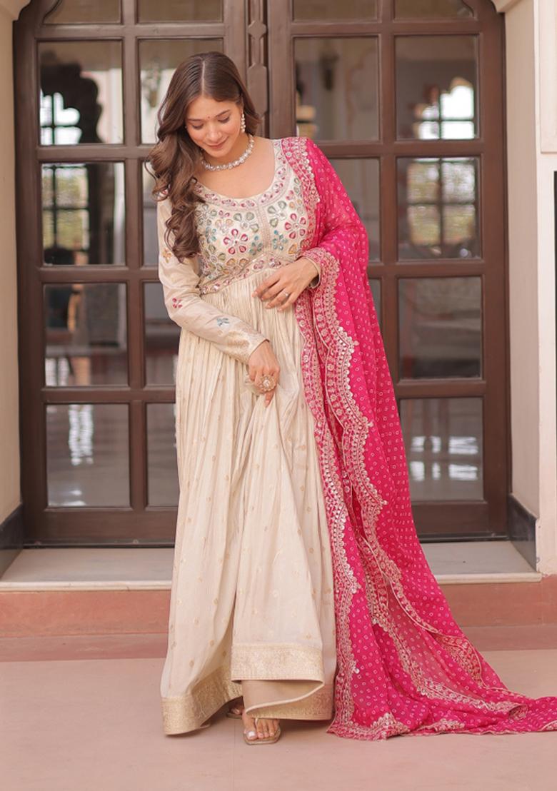 Pink Embroidered Cosmos Anarkali With Dupatta - Indya