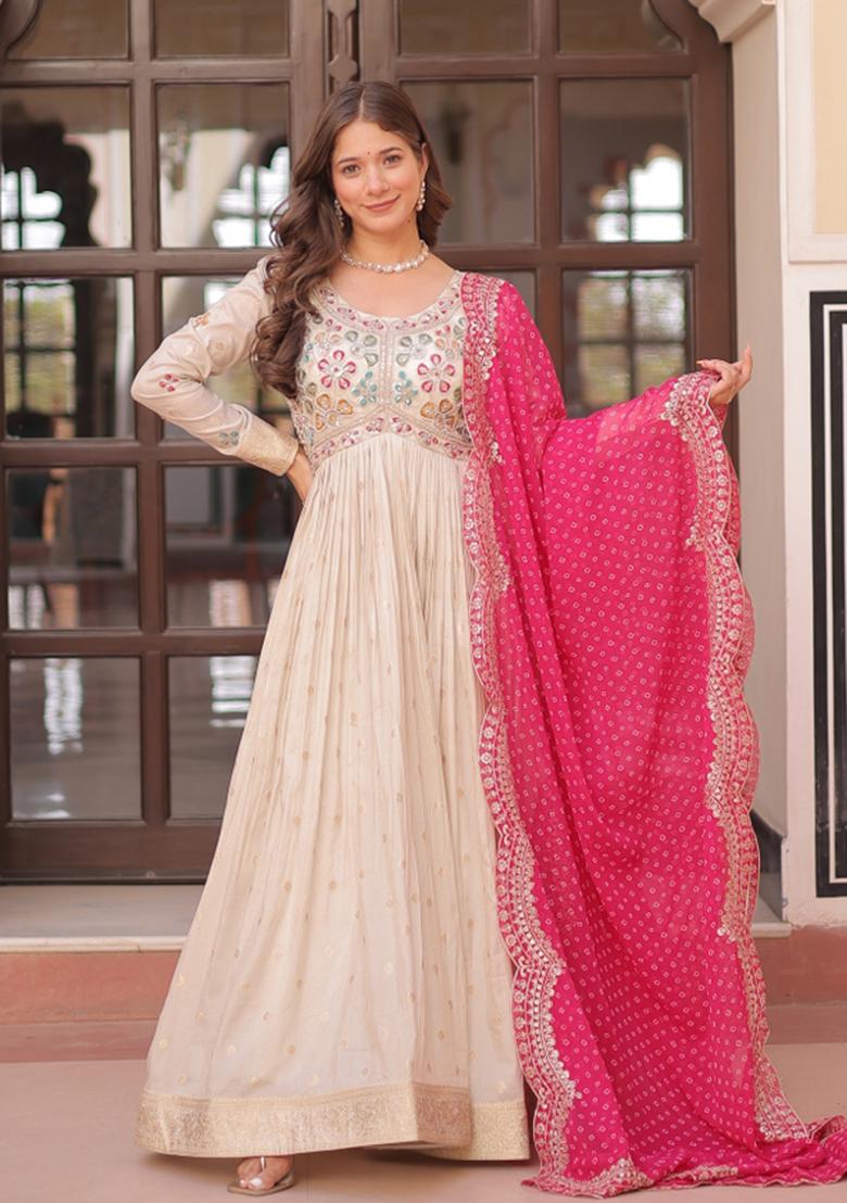 Pink Embroidered Cosmos Anarkali With Dupatta - Indya