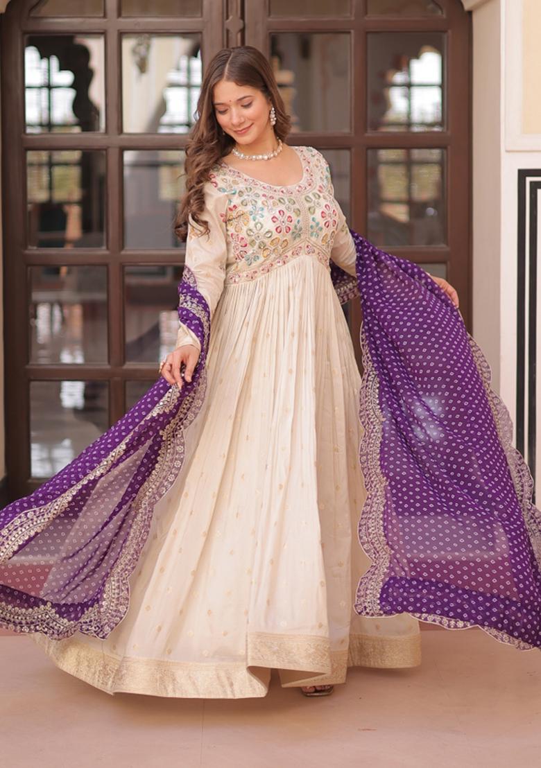 Purple Embroidered Cosmos Anarkali With Dupatta - Indya