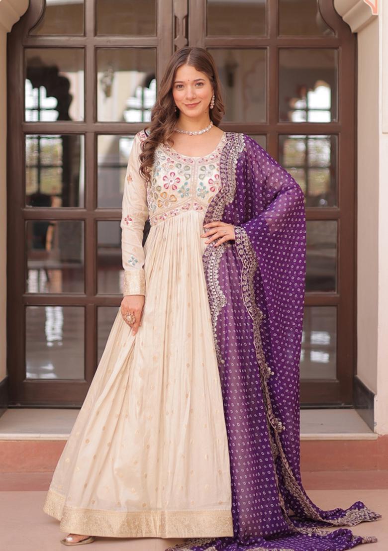 Purple Embroidered Cosmos Anarkali With Dupatta - Indya