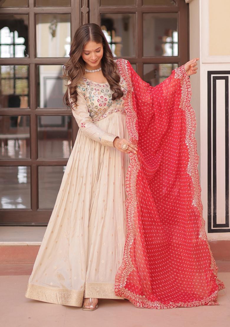 Red Embroidered Cosmos Anarkali With Dupatta - Indya