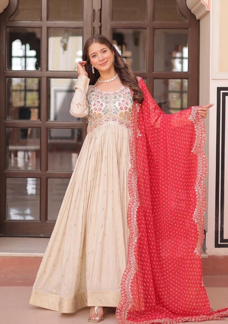 Red Embroidered Cosmos Anarkali With Dupatta - Indya
