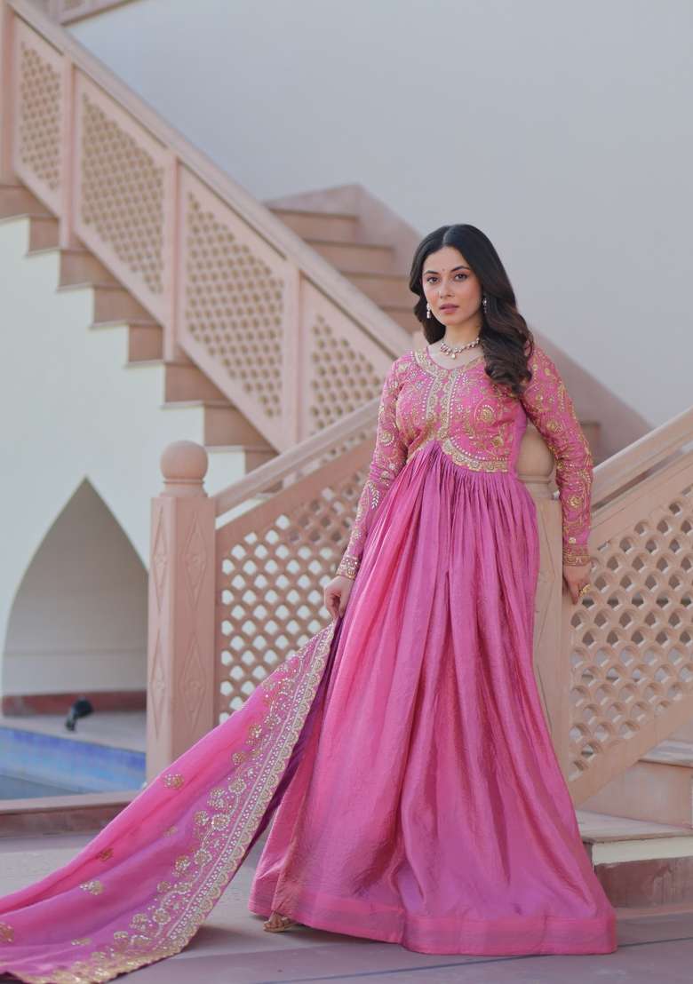Pink Sequin Work Gold Crush Anarkali With Dupatta - Indya