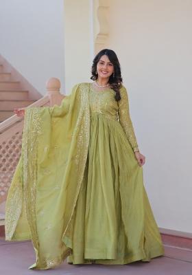 Pista Sequin Work Gold Crush Anarkali With Dupatta
