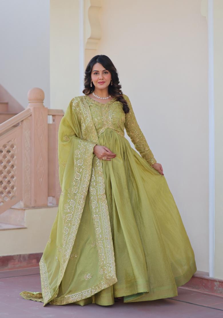 Pista Sequin Work Gold Crush Anarkali With Dupatta - Indya