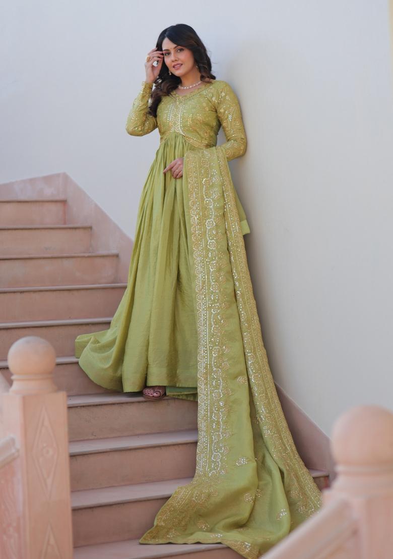 Pista Sequin Work Gold Crush Anarkali With Dupatta - Indya