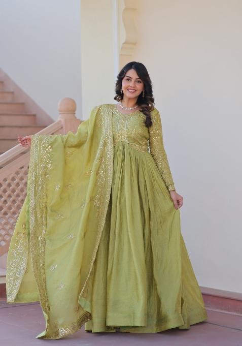 Pista Sequin Work Gold Crush Anarkali With Dupatta