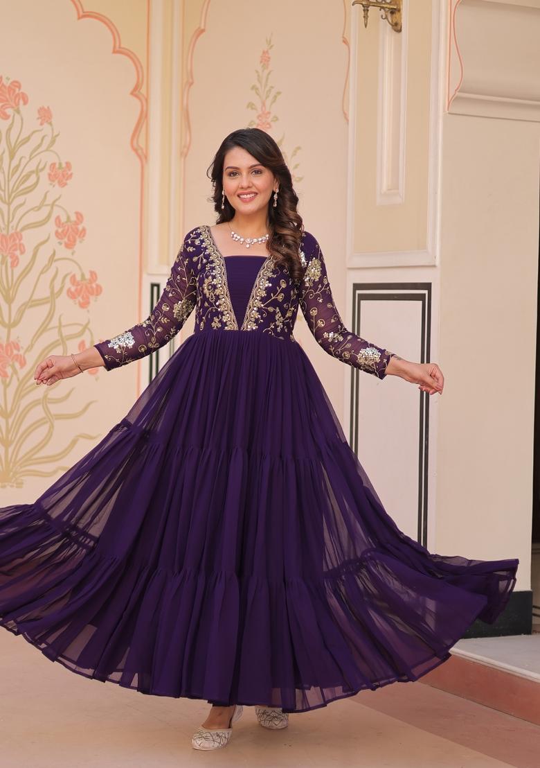 Purple Sequin Work Faux Blooming Anarkali - Indya