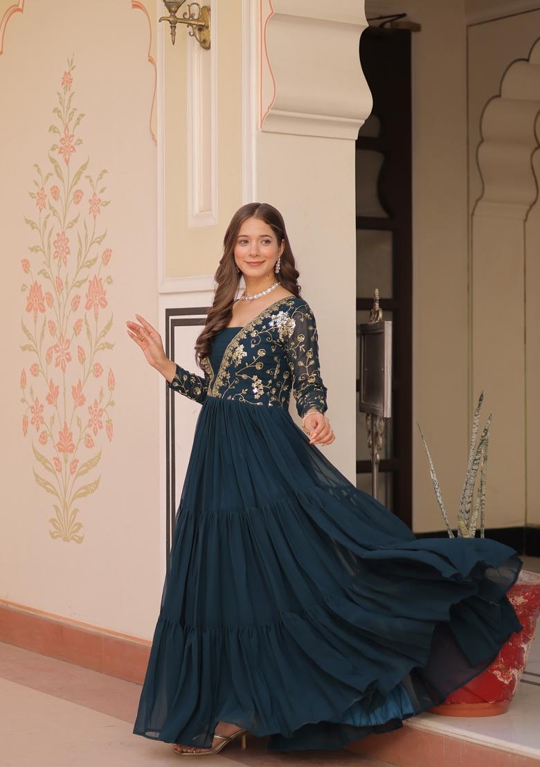 Rama Sequin Work Faux Blooming Anarkali - Indya