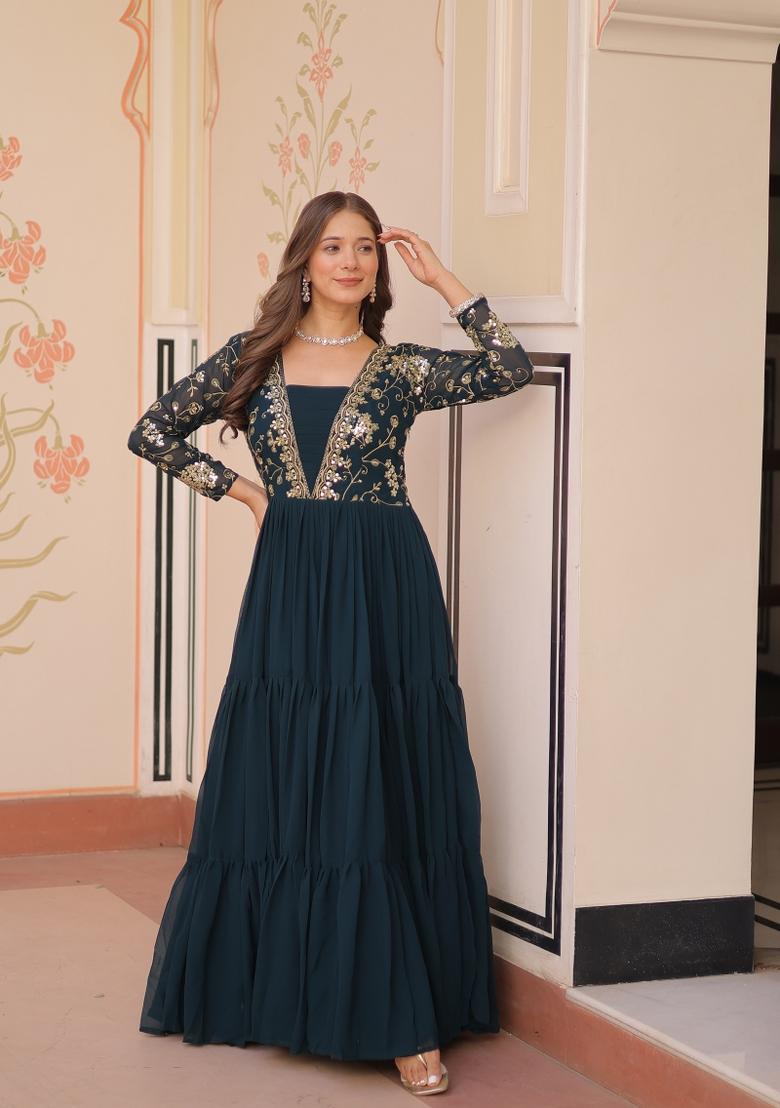 Rama Sequin Work Faux Blooming Anarkali - Indya