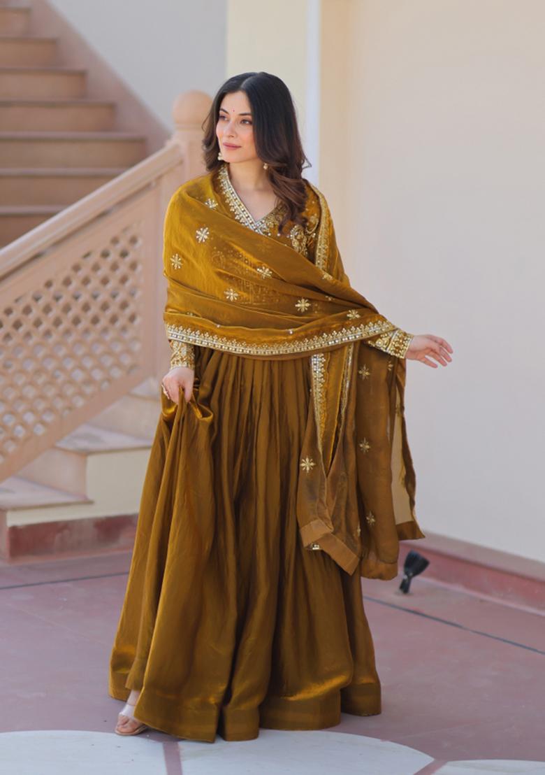 Mehendi Sequin Work Fendi Anarkali With Dupatta - Indya