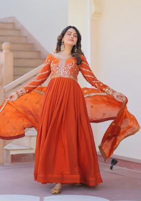 Orange Sequin Work Fendi Anarkali With Dupatta