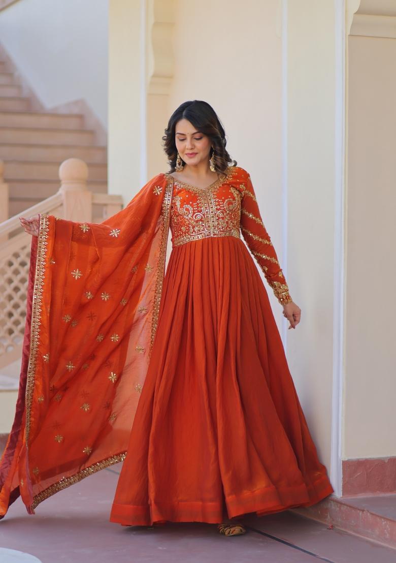 Orange Sequin Work Fendi Anarkali With Dupatta - Indya