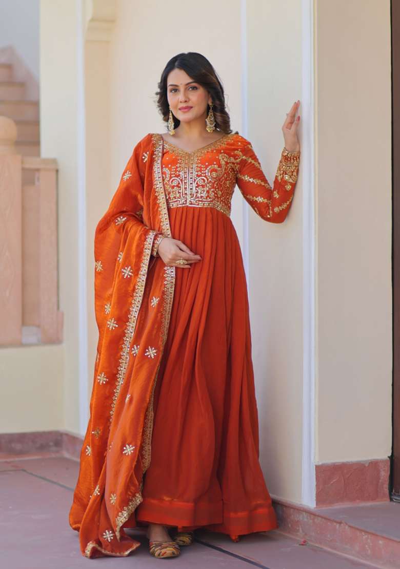 Orange Sequin Work Fendi Anarkali With Dupatta - Indya