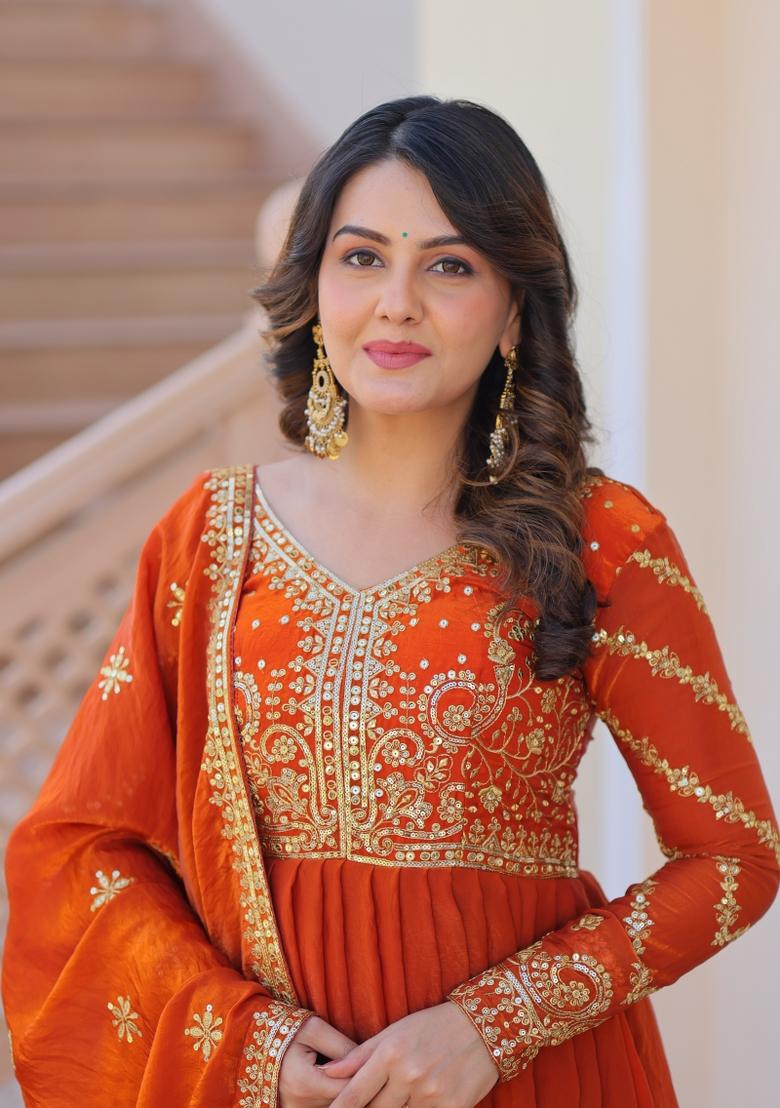 Orange Sequin Work Fendi Anarkali With Dupatta - Indya