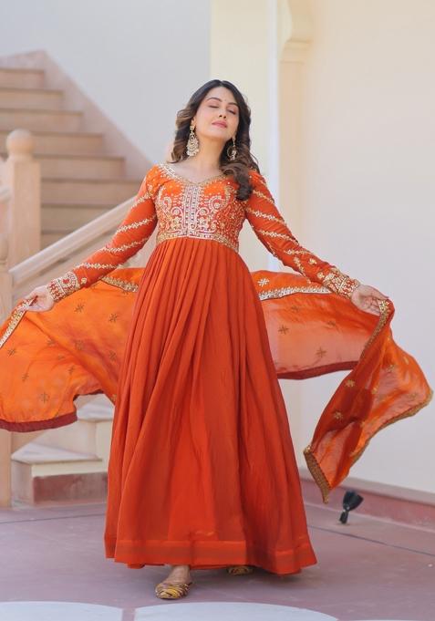 Orange Sequin Work Fendi Anarkali With Dupatta