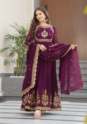Wine Sequin Work Georgette Anarkali With Dupatta