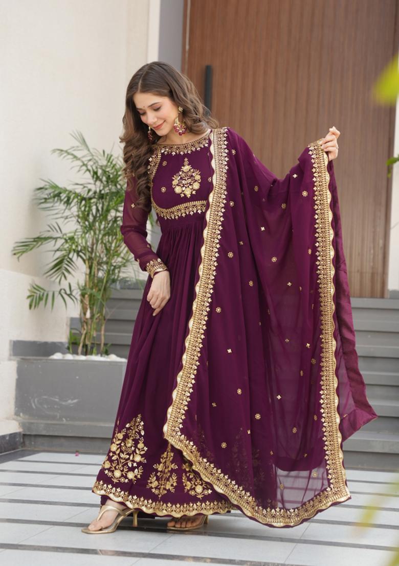 Wine Sequin Work Georgette Anarkali With Dupatta - Indya