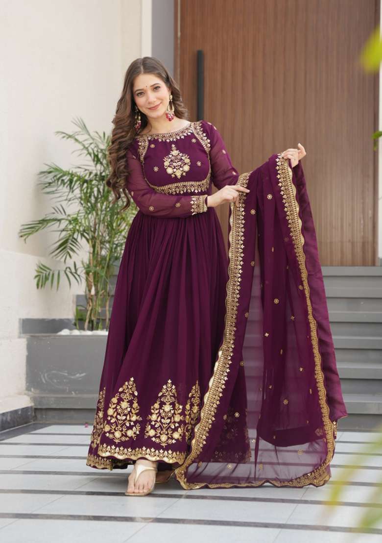 Wine Sequin Work Georgette Anarkali With Dupatta - Indya