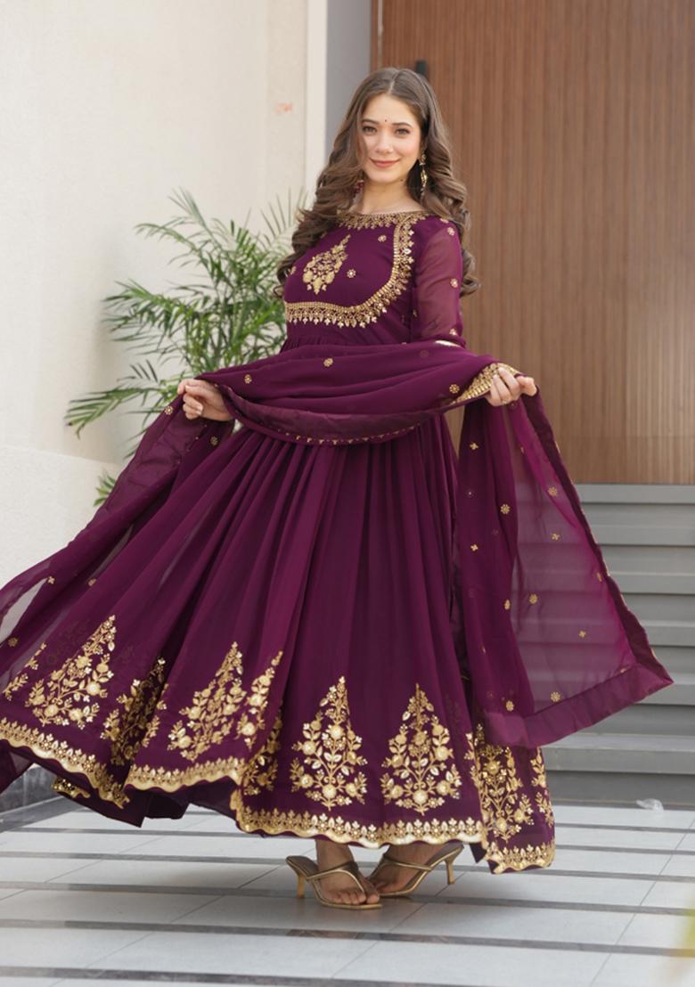 Wine Sequin Work Georgette Anarkali With Dupatta - Indya