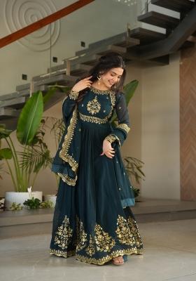 Rama Sequin Work Georgette Anarkali With Dupatta