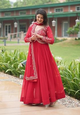 Red Sequin Work Faux Blooming Anarkali With Dupatta