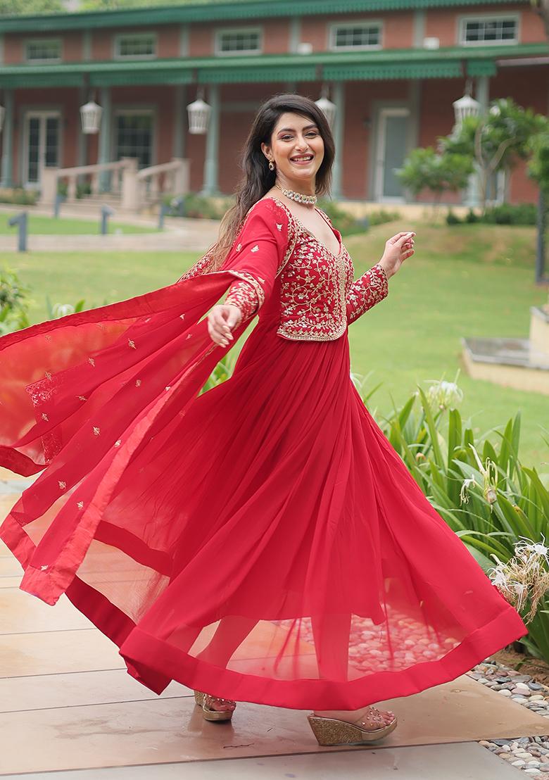 Red Sequin Work Faux Blooming Anarkali With Dupatta - Indya