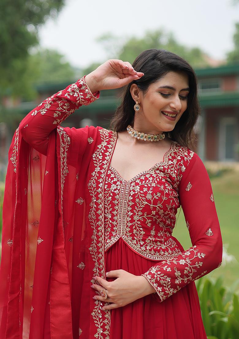 Red Sequin Work Faux Blooming Anarkali With Dupatta - Indya