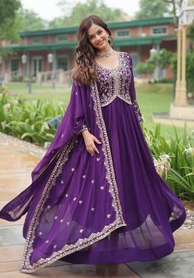 Purple Sequin Work Faux Blooming Anarkali With Dupatta