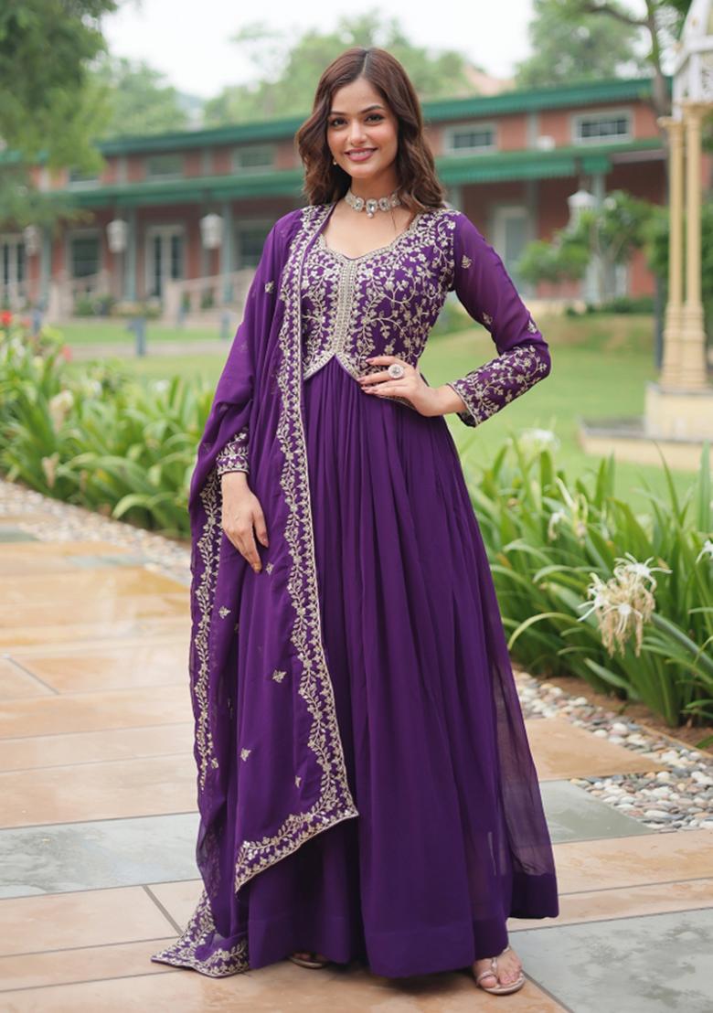 Purple Sequin Work Faux Blooming Anarkali With Dupatta - Indya
