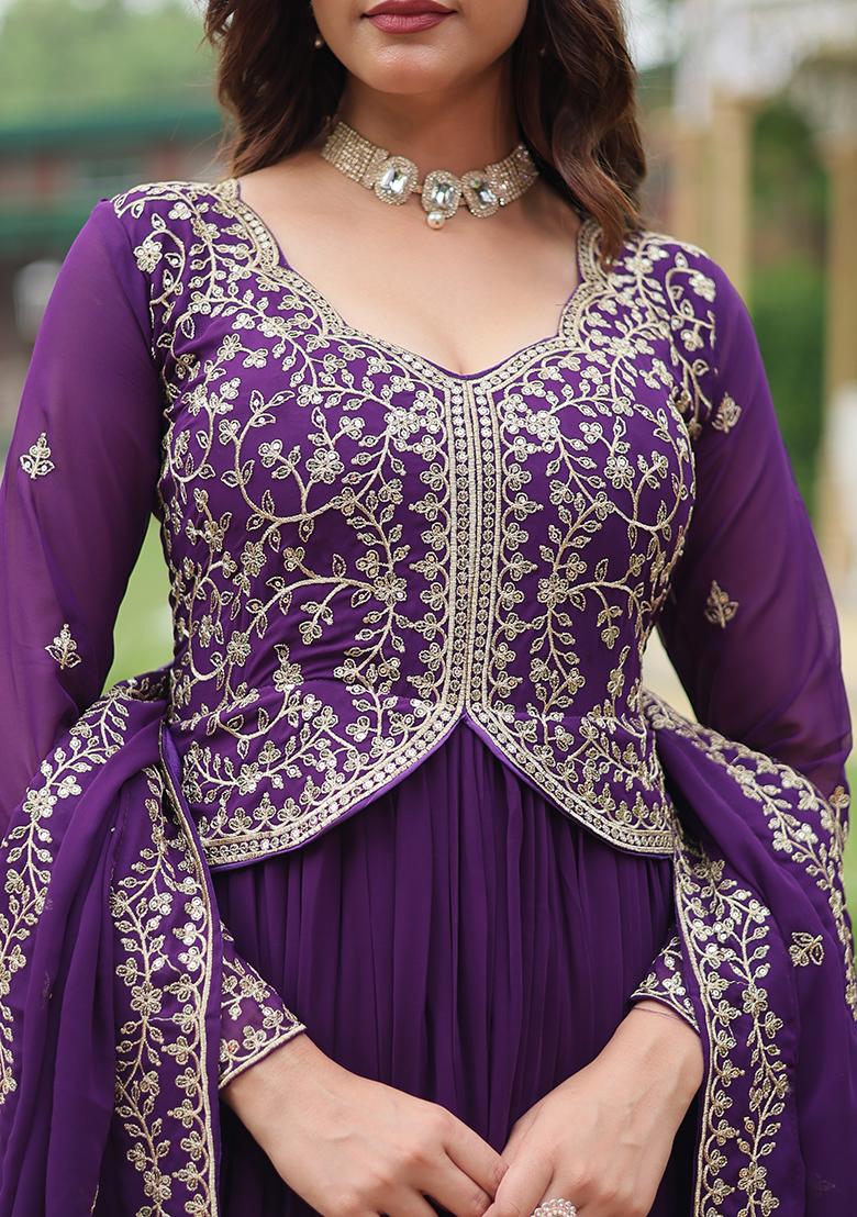 Purple Sequin Work Faux Blooming Anarkali With Dupatta - Indya