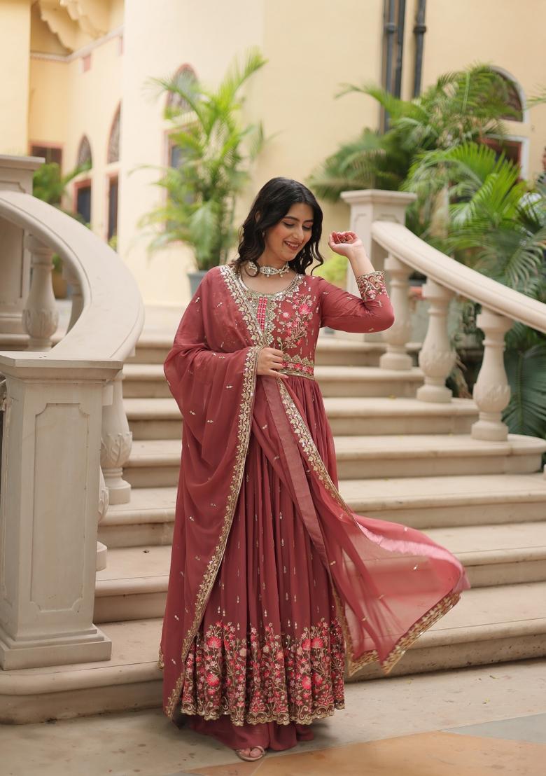 Coffee Sequin Work Georgette Anarkali Set - Indya