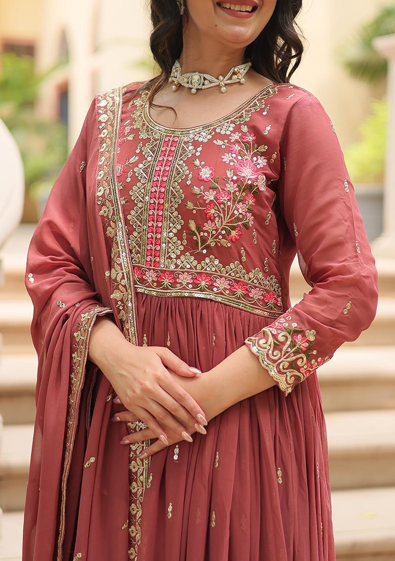 Coffee Sequin Work Georgette Anarkali Set - Indya